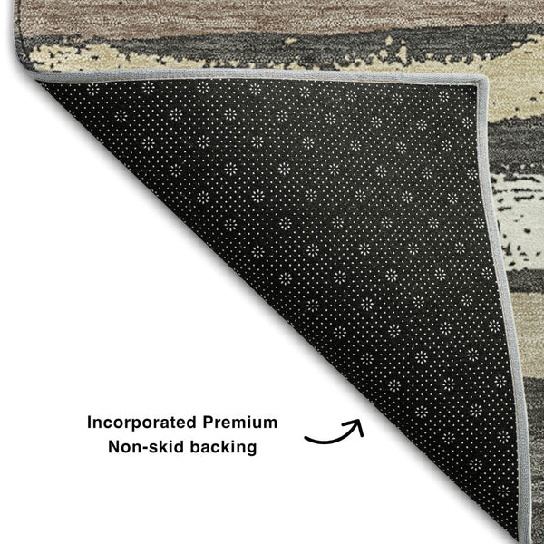HomeRoots 5' Charcoal Gray and Beige Striped Washable Area Rug - Durable, UV Protected, Perfect for Families! 679991