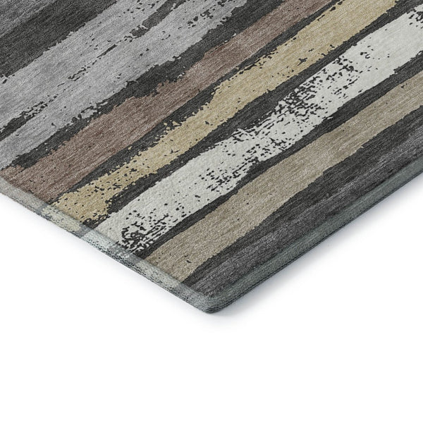 HomeRoots 5' Charcoal Gray and Beige Striped Washable Area Rug - Durable, UV Protected, Perfect for Families! 679991