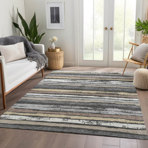 HomeRoots 5' Charcoal Gray and Beige Striped Washable Area Rug - Durable, UV Protected, Perfect for Families! 679991