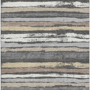 HomeRoots 5' Charcoal Gray and Beige Striped Washable Area Rug - Durable, UV Protected, Perfect for Families! 679991