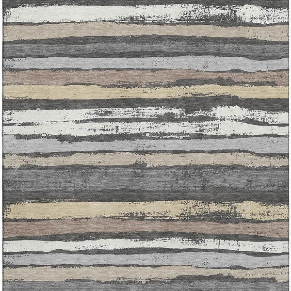 HomeRoots 5' Charcoal Gray and Beige Striped Washable Area Rug - Durable, UV Protected, Perfect for Families! 679991