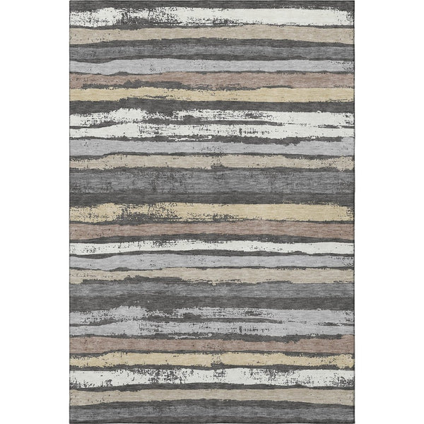 HomeRoots 5' Charcoal Gray and Beige Striped Washable Area Rug - Durable, UV Protected, Perfect for Families! 679991