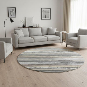 HomeRoots 8' Charcoal Gray & Beige Striped Washable Round Rug - Stain-Resistant, UV Protected, Durable Comfort 679992