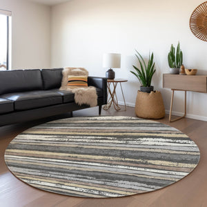 HomeRoots 8' Charcoal Gray & Beige Striped Washable Round Rug - Stain-Resistant, UV Protected, Durable Comfort 679992