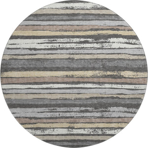 HomeRoots 8' Charcoal Gray & Beige Striped Washable Round Rug - Stain-Resistant, UV Protected, Durable Comfort 679992