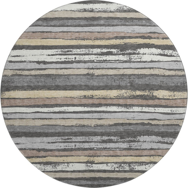 HomeRoots 8' Charcoal Gray & Beige Striped Washable Round Rug - Stain-Resistant, UV Protected, Durable Comfort 679992