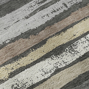HomeRoots 8' Charcoal Gray & Beige Striped Washable Round Rug - Stain-Resistant, UV Protected, Durable Comfort 679992