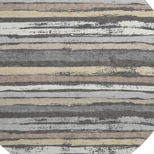HomeRoots 8' Charcoal Gray & Beige Striped Washable Round Rug - Stain-Resistant, UV Protected, Durable Comfort 679992