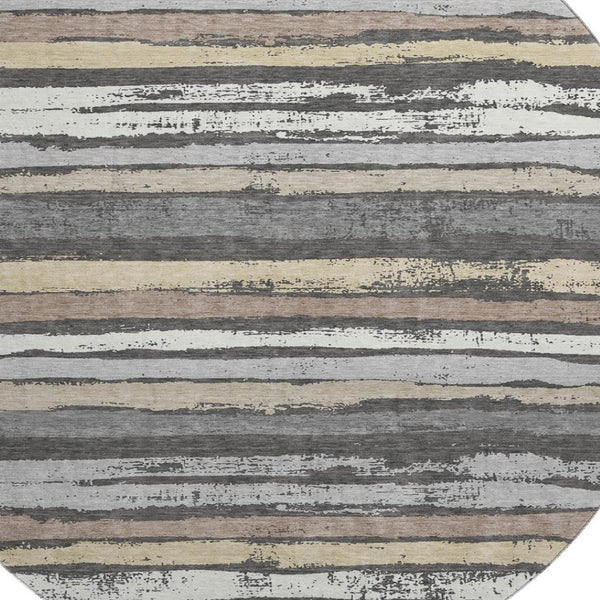 HomeRoots 8' Charcoal Gray & Beige Striped Washable Round Rug - Stain-Resistant, UV Protected, Durable Comfort 679992