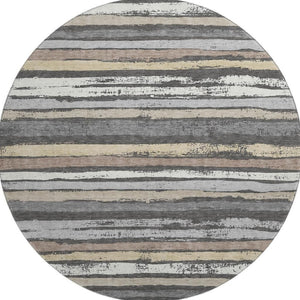 HomeRoots 8' Charcoal Gray & Beige Striped Washable Round Rug - Stain-Resistant, UV Protected, Durable Comfort 679992