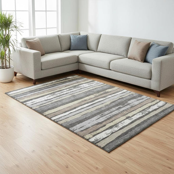 HomeRoots 8' X 10' Charcoal Gray & Beige Striped Area Rug – Washable, Stain Resistant & UV Protected Design 679993