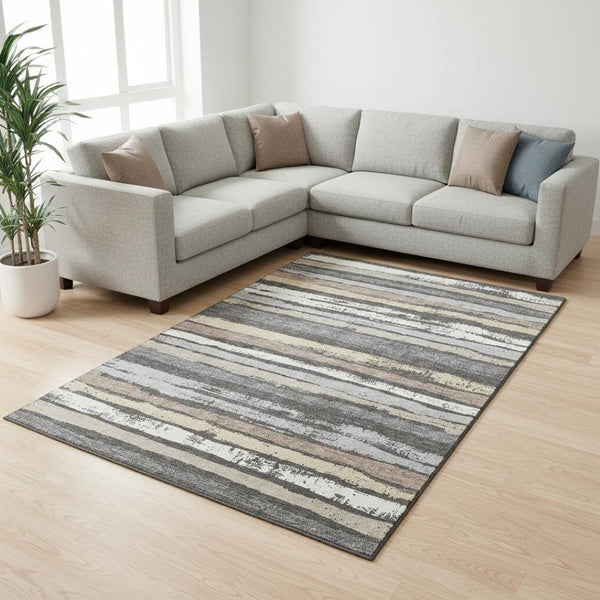 HomeRoots 9' Charcoal Gray & Beige Striped Washable Area Rug – Durable, Stylish, UV-Protected for High-Traffic Spaces 679994