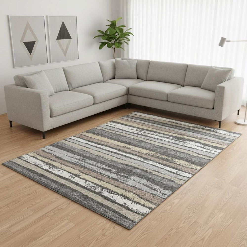HomeRoots 10' Charcoal Gray & Beige Striped Washable Area Rug - UV Protected, Family-Friendly & Durable Design 679995