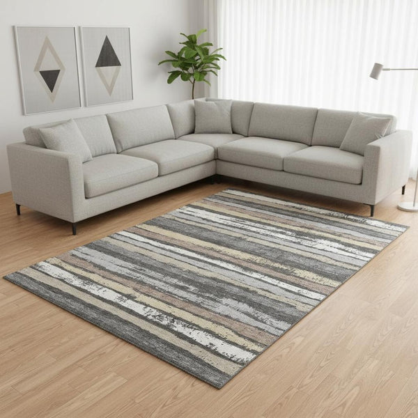 HomeRoots 10' Charcoal Gray & Beige Striped Washable Area Rug - UV Protected, Family-Friendly & Durable Design 679995