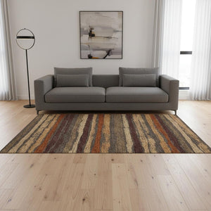 HomeRoots 5' X 8' Striped Area Rug in Chocolate, Gold & Burgundy - Washable, UV Protected, Durable & Stylish 679997