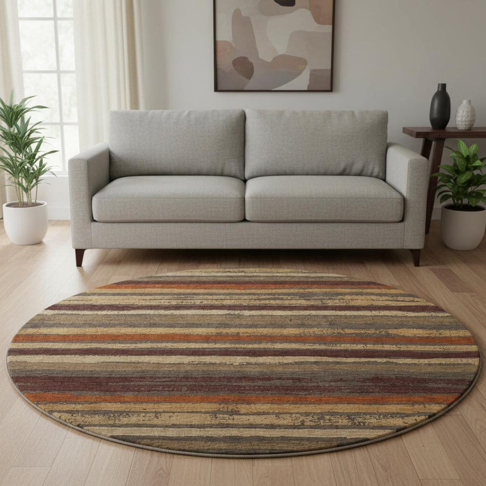 HomeRoots 8' Elegant Chocolate, Gold & Burgundy Striped Washable Round Rug with UV Protection & Stain Resistance 679998