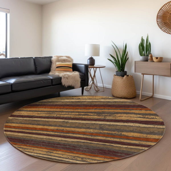 HomeRoots 8' Elegant Chocolate, Gold & Burgundy Striped Washable Round Rug with UV Protection & Stain Resistance 679998
