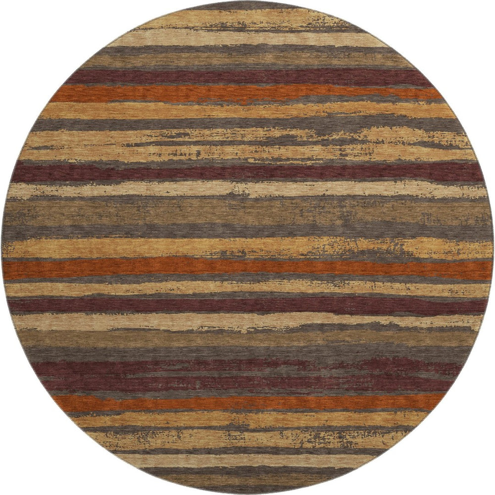 HomeRoots 8' Elegant Chocolate, Gold & Burgundy Striped Washable Round Rug with UV Protection & Stain Resistance 679998