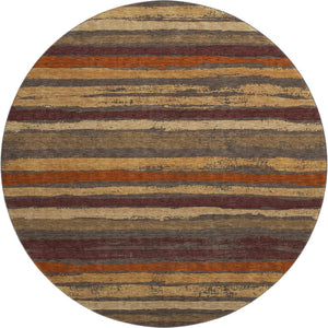 HomeRoots 8' Elegant Chocolate, Gold & Burgundy Striped Washable Round Rug with UV Protection & Stain Resistance 679998