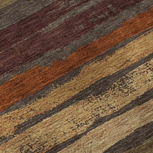 HomeRoots 8' Elegant Chocolate, Gold & Burgundy Striped Washable Round Rug with UV Protection & Stain Resistance 679998