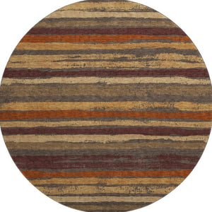 HomeRoots 8' Elegant Chocolate, Gold & Burgundy Striped Washable Round Rug with UV Protection & Stain Resistance 679998
