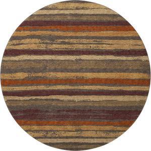 HomeRoots 8' Elegant Chocolate, Gold & Burgundy Striped Washable Round Rug with UV Protection & Stain Resistance 679998