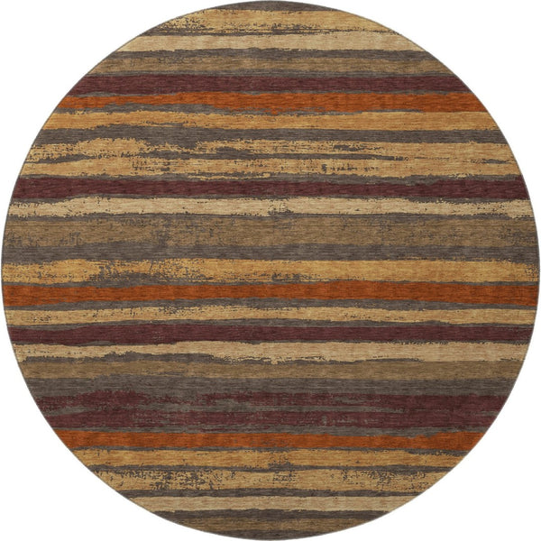 HomeRoots 8' Elegant Chocolate, Gold & Burgundy Striped Washable Round Rug with UV Protection & Stain Resistance 679998