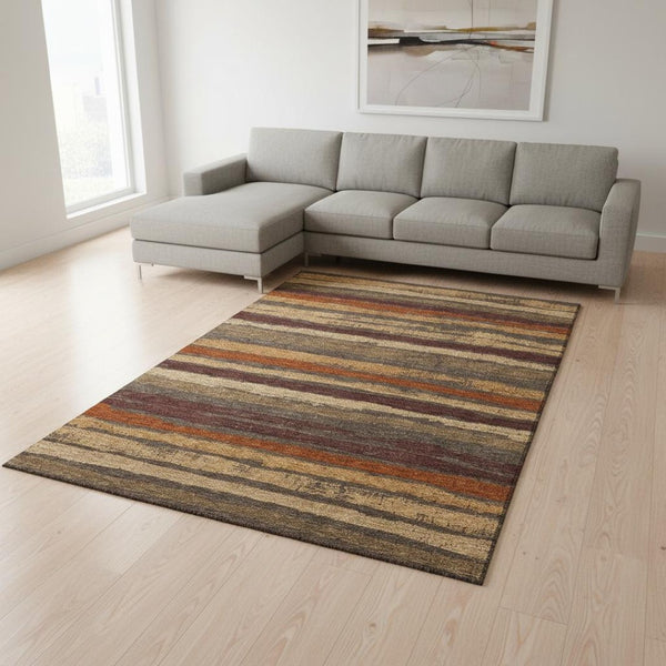 HomeRoots 8' X 10' Chocolate Gold Burgundy Striped Washable Area Rug with UV Protection for Family Spaces 679999