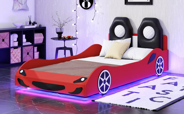 English Elm Wood Twin Race Car Platform Bed with LED Lighting, Upholstered Headrest, Sturdy Pine Build Red GX002218AAR