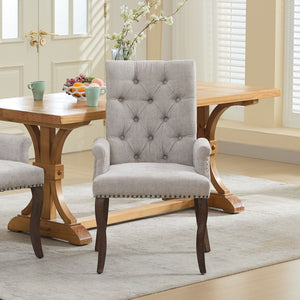 English Elm Upholstered Chenille Dining Chair with Hand-Tufted Back, Curved Solid Wood Legs, Comfortable Armseat Beige W1143P346927