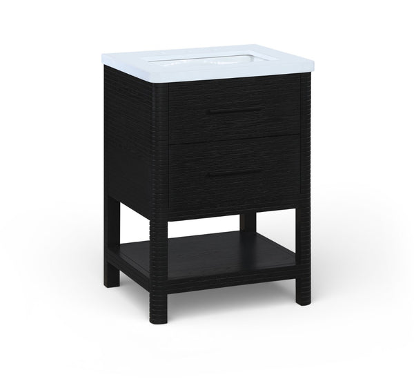 Meridian Furniture Oakwell Solid Wood Bathroom Vanity with Engineered Stone Top and Soft Close Drawer Storage Black 24 inches 679Black-24
