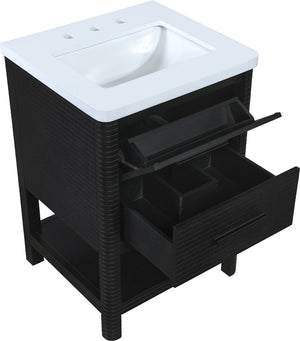 Meridian Furniture Oakwell Solid Wood Bathroom Vanity with Engineered Stone Top and Soft Close Drawer Storage Black 24 inches 679Black-24