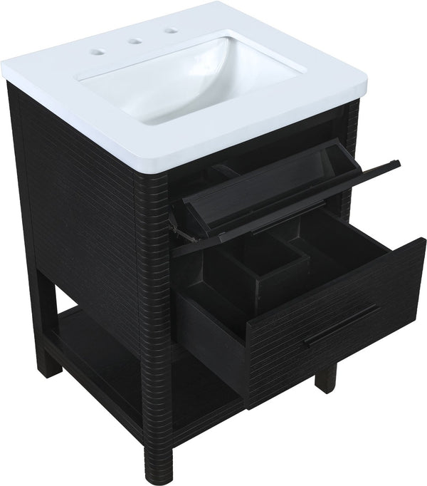 Meridian Furniture Oakwell Solid Wood Bathroom Vanity with Engineered Stone Top and Soft Close Drawer Storage Black 24 inches 679Black-24