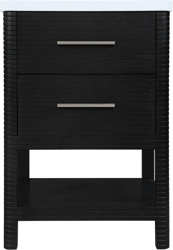 Meridian Furniture Oakwell Solid Wood Bathroom Vanity with Engineered Stone Top and Soft Close Drawer Storage Black 24 inches 679Black-24
