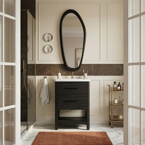 Meridian Furniture Oakwell Solid Wood Bathroom Vanity with Engineered Stone Top and Soft Close Drawer Storage Black 24 inches 679Black-24