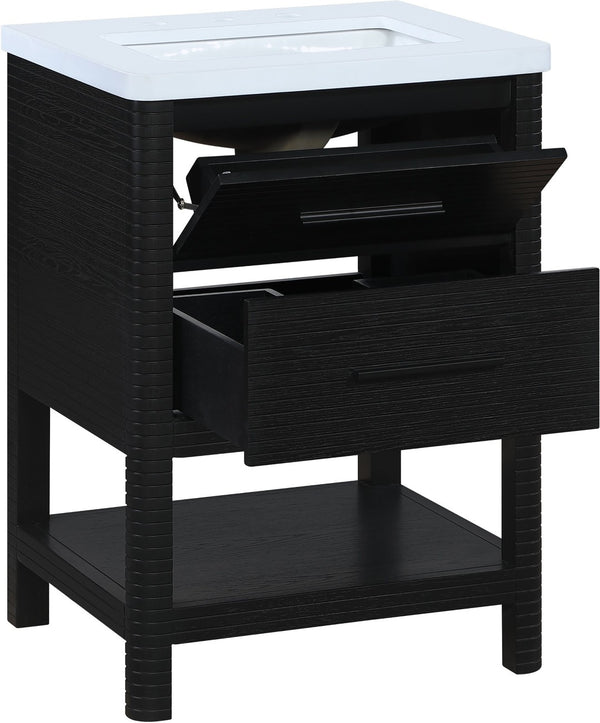 Meridian Furniture Oakwell Solid Wood Bathroom Vanity with Engineered Stone Top and Soft Close Drawer Storage Black 24 inches 679Black-24
