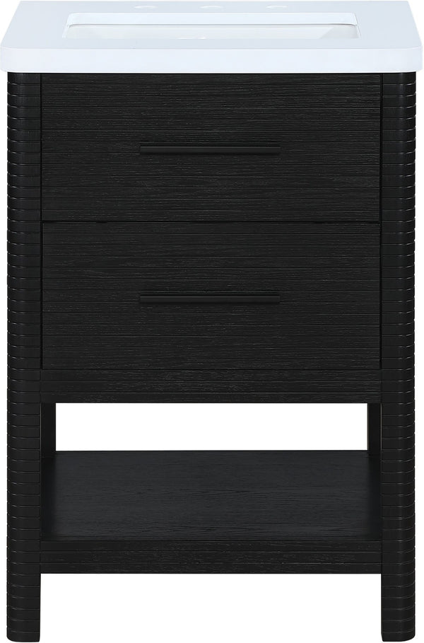 Meridian Furniture Oakwell Solid Wood Bathroom Vanity with Engineered Stone Top and Soft Close Drawer Storage Black 24 inches 679Black-24