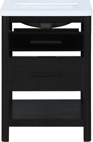 Meridian Furniture Oakwell Solid Wood Bathroom Vanity with Engineered Stone Top and Soft Close Drawer Storage Black 24 inches 679Black-24