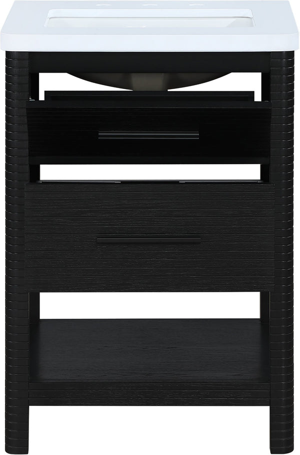Meridian Furniture Oakwell Solid Wood Bathroom Vanity with Engineered Stone Top and Soft Close Drawer Storage Black 24 inches 679Black-24