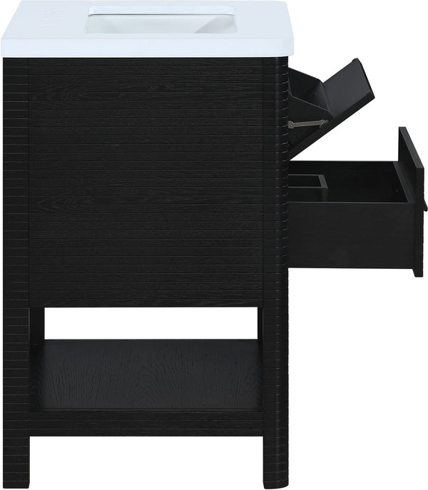 Meridian Furniture Oakwell Solid Wood Bathroom Vanity with Engineered Stone Top and Soft Close Drawer Storage Black 24 inches 679Black-24