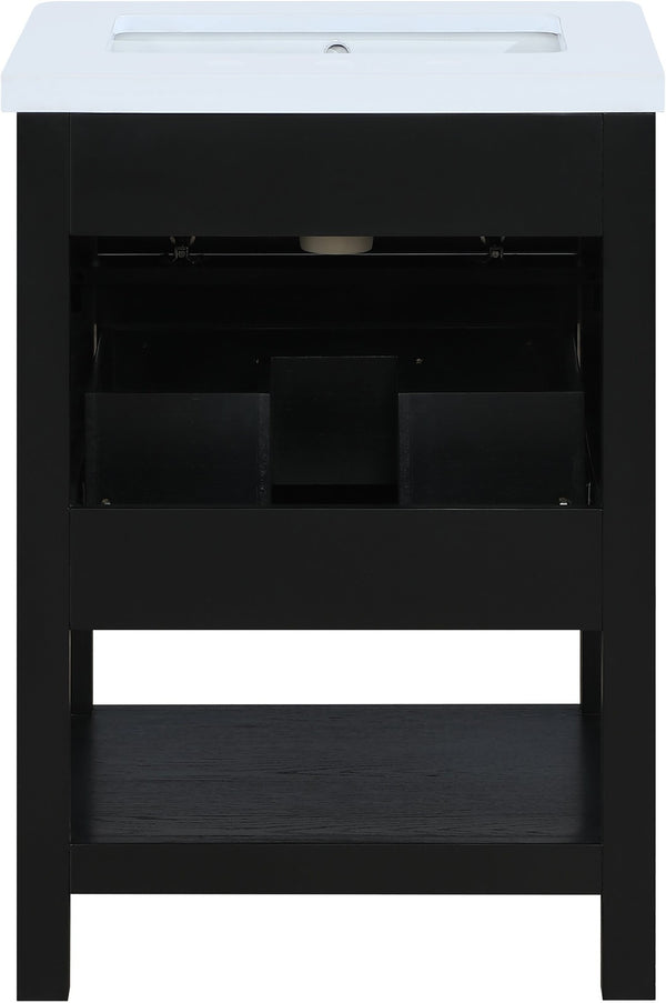 Meridian Furniture Oakwell Solid Wood Bathroom Vanity with Engineered Stone Top and Soft Close Drawer Storage Black 24 inches 679Black-24