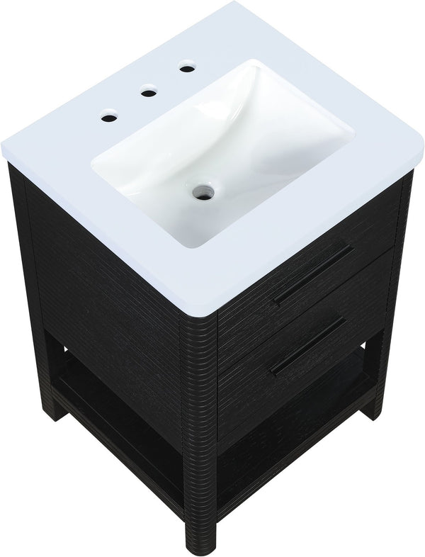 Meridian Furniture Oakwell Solid Wood Bathroom Vanity with Engineered Stone Top and Soft Close Drawer Storage Black 24 inches 679Black-24