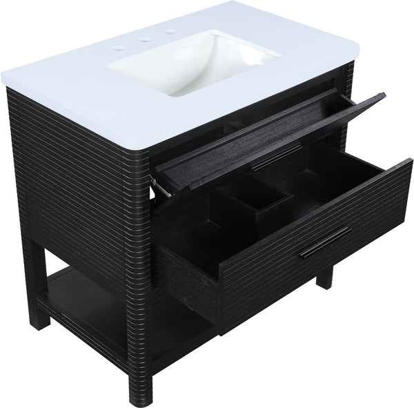Meridian Furniture Oakwell Solid Wood Bathroom Vanity with Engineered Stone Top and Soft Close Drawer Storage Black 36 inches 679Black-36