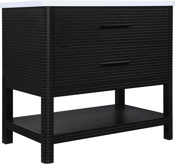 Meridian Furniture Oakwell Solid Wood Bathroom Vanity with Engineered Stone Top and Soft Close Drawer Storage Black 36 inches 679Black-36