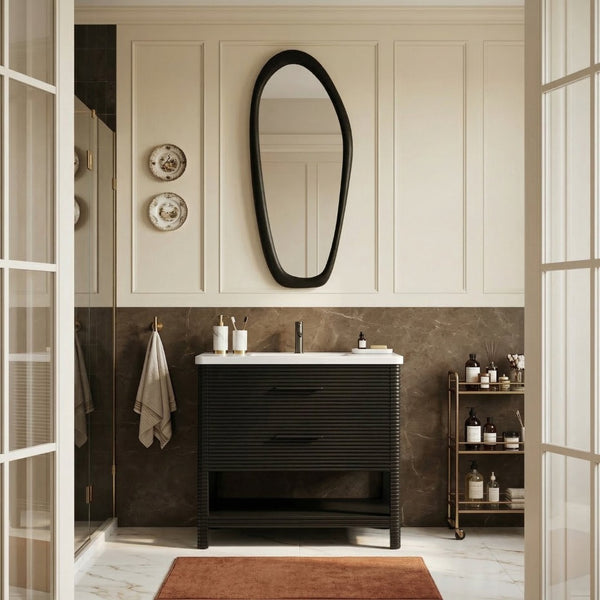 Meridian Furniture Oakwell Solid Wood Bathroom Vanity with Engineered Stone Top and Soft Close Drawer Storage Black 36 inches 679Black-36