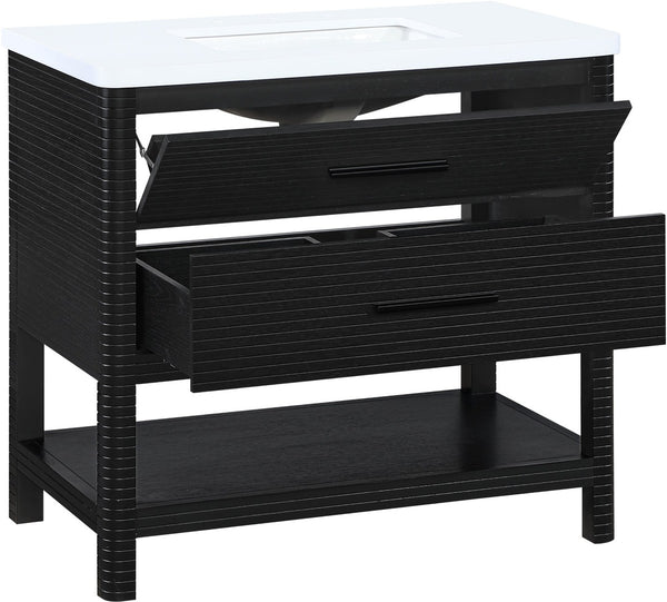 Meridian Furniture Oakwell Solid Wood Bathroom Vanity with Engineered Stone Top and Soft Close Drawer Storage Black 36 inches 679Black-36
