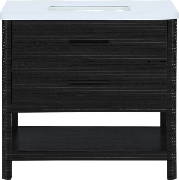 Meridian Furniture Oakwell Solid Wood Bathroom Vanity with Engineered Stone Top and Soft Close Drawer Storage Black 36 inches 679Black-36