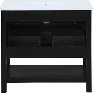 Meridian Furniture Oakwell Solid Wood Bathroom Vanity with Engineered Stone Top and Soft Close Drawer Storage Black 36 inches 679Black-36