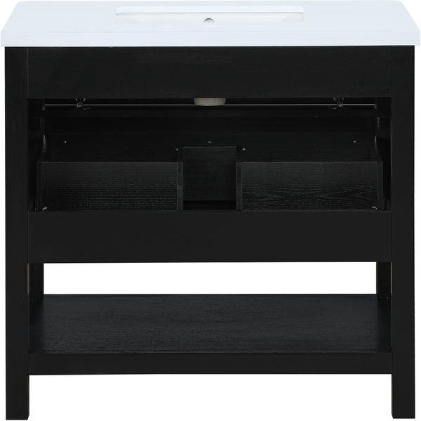Meridian Furniture Oakwell Solid Wood Bathroom Vanity with Engineered Stone Top and Soft Close Drawer Storage Black 36 inches 679Black-36