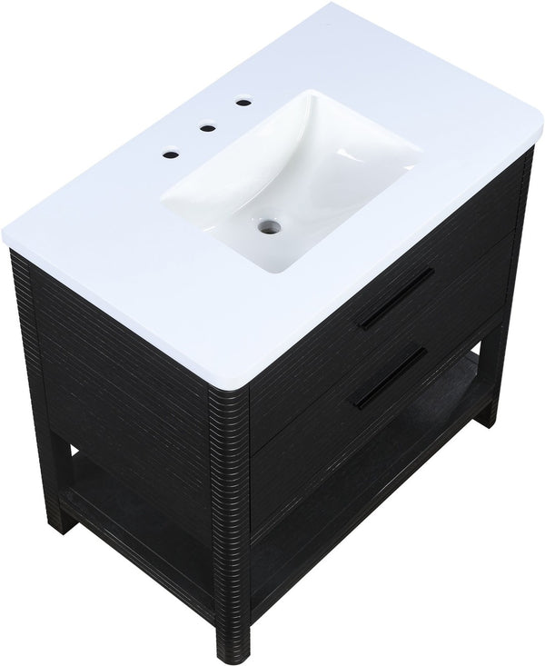 Meridian Furniture Oakwell Solid Wood Bathroom Vanity with Engineered Stone Top and Soft Close Drawer Storage Black 36 inches 679Black-36